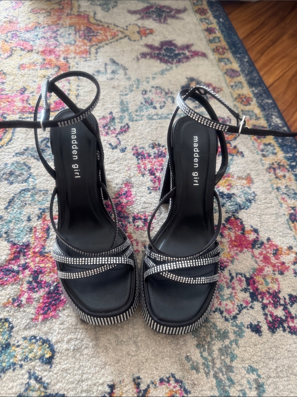 Madden Girl Black Rhinestone Platform Ankle-Strap Sandals